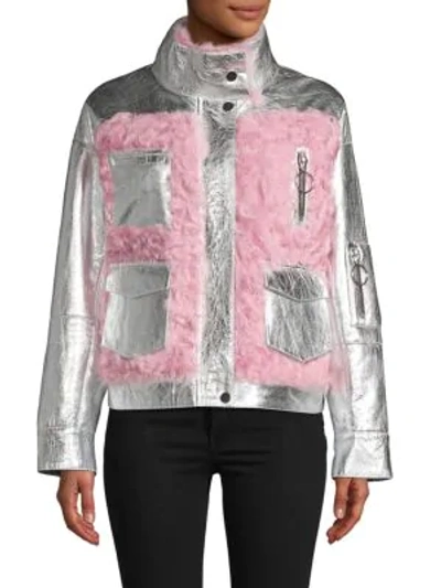 Shop Nicole Benisti Women's Prince Shearling Trim Metallic-leather Jacket In Silver