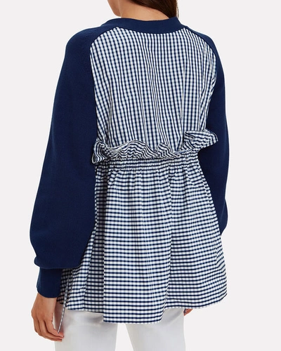 Shop Adeam Ruched Parachute Gingham Cardigan In Navy