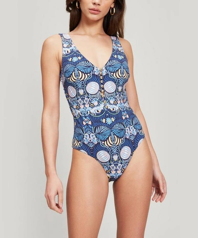 Shop Liberty London Arboreal Button-up Swimsuit In Navy