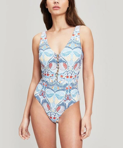 Shop Liberty London Arboreal Button-up Swimsuit In White
