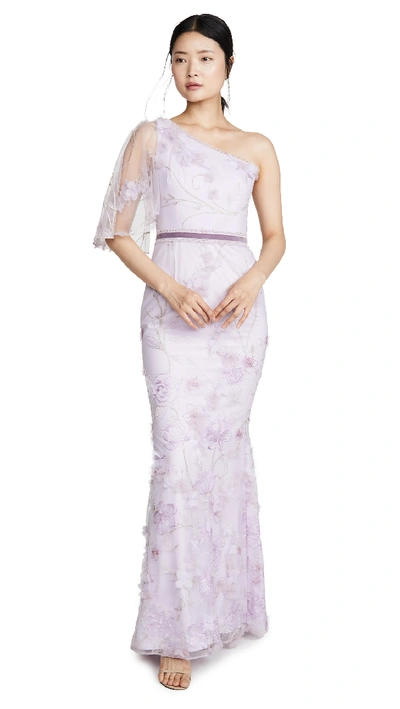Shop Marchesa Notte One Shoulder Embroidered Tulle Mermaid Gown In Lilac