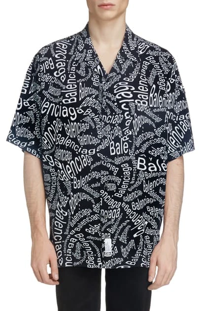 Shop Balenciaga Logo Print Short Sleeve Button-up Camp Shirt In Black