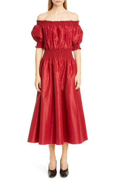 Shop Adam Lippes Off The Shoulder Silk Taffeta Midi Dress In Rust