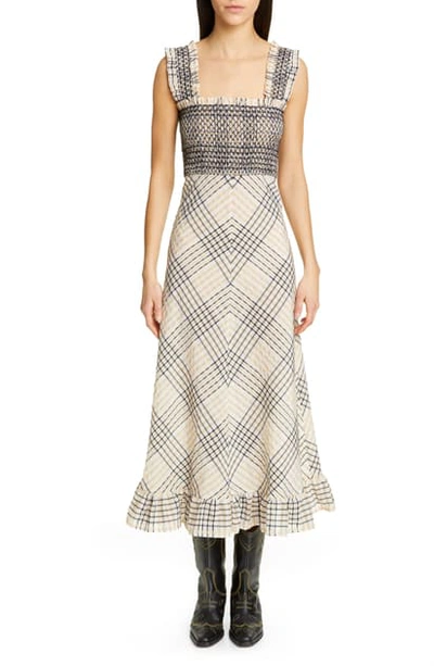 Shop Ganni Check Seersucker A-line Midi Sundress In Irish Cream