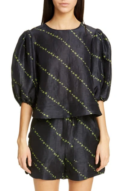 Shop Ganni Floral Diagonal Stripe Print Silk & Linen Top In Black