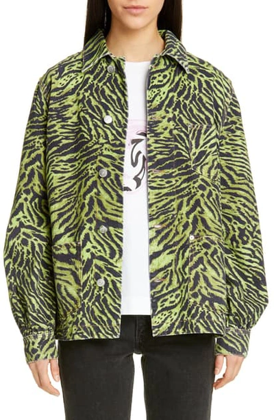 Shop Ganni Tiger Print Oversize Denim Jacket In Lime Tiger