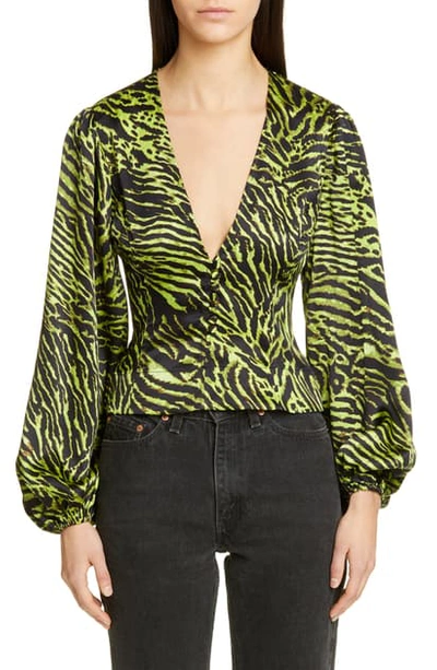 Shop Ganni Tiger Print Silk Satin Blouse In Lime Tiger