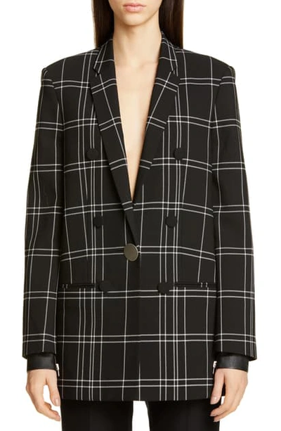 Shop Alexander Wang Leather Cuff Oversized Plaid Blazer In Blk/ Wht Windowpane