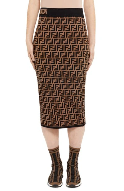 Shop Fendi Logo Jacquard Midi Sweater Skirt In Brown