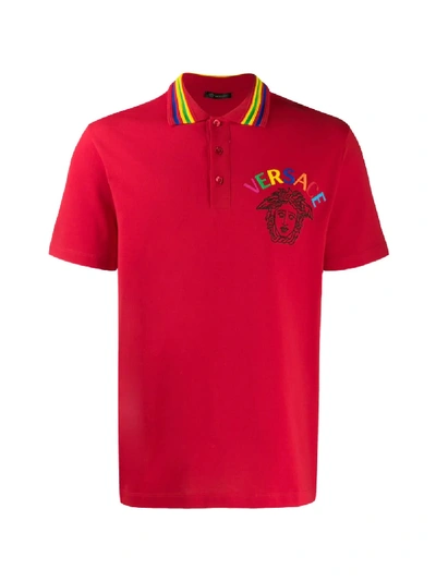 Shop Versace Multicoloured Medusa Logo Polo Shirt In Red