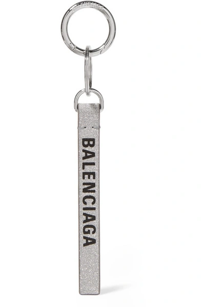 Shop Balenciaga Printed Glittered Leather Keychain In Silver