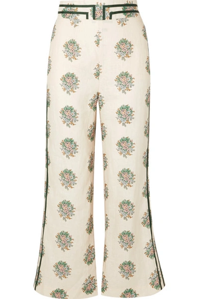 Shop Zimmermann Verity Cropped Grosgrain-trimmed Floral-print Linen Flared Pants In Cream