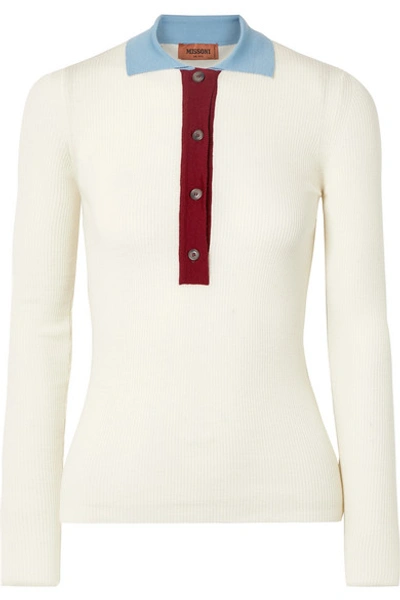 Shop Missoni Ribbed Wool Polo Shirt In Ivory