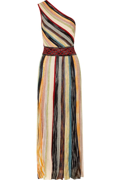 Shop Missoni One-shoulder Striped Metallic Crochet-knit Maxi Dress In Burgundy