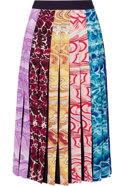 Shop Mary Katrantzou Pleated Printed Crepe De Chine Midi Skirt In Blue