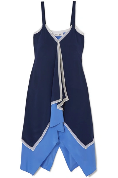 Shop Diane Von Furstenberg Wren Asymmetric Chiffon-trimmed Silk-crepe Midi Dress In Blue