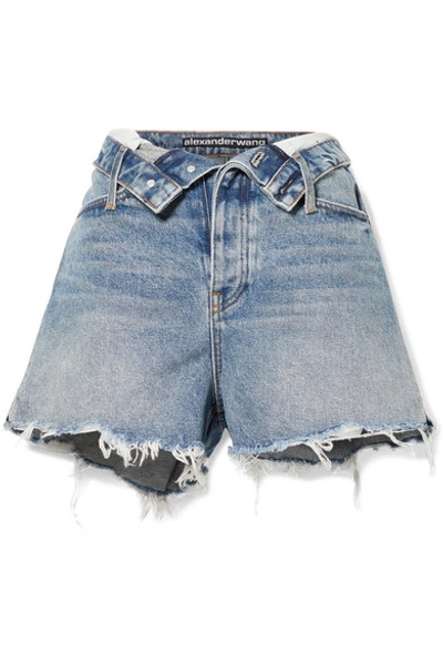 Shop Alexander Wang Bite Flip Fold-over Frayed Denim Shorts In Mid Denim