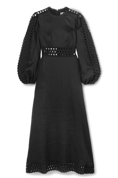Shop Zimmermann Verity Broderie Anglaise-trimmed Linen Midi Dress In Black