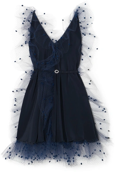 Shop Alexis Mabille Crystal-embellished Belted Voile-trimmed Crepe Mini Dress In Navy