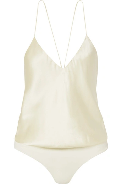 Shop Alix Lewis Silk-charmeuse And Stretch-jersey Thong Bodysuit In Ivory