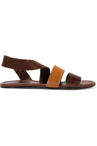 Shop Staud Ellie Lizard-effect Leather Sandals In Brown