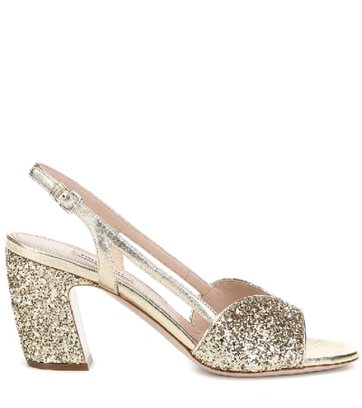 Shop Miu Miu Glitter Slingback Sandals In Gold