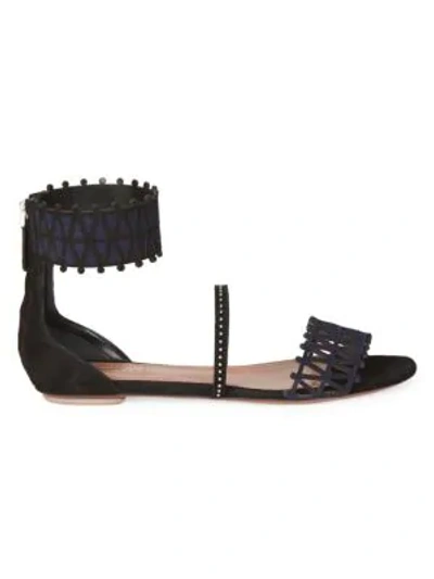 Shop Alaïa Women's Studded Lasercut Suede Slingback Flat Sandals In Black