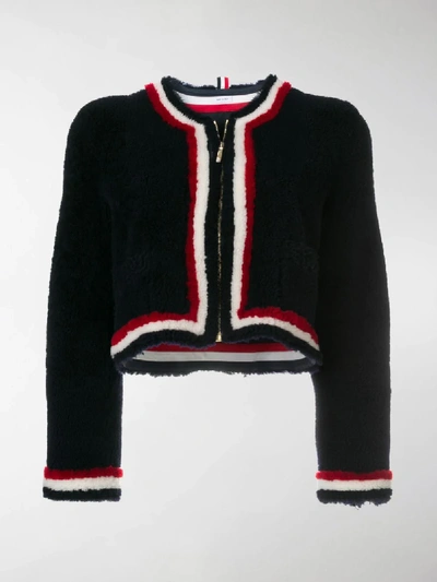 Shop Thom Browne Dyed Shearling Cardigan Jacket In Blue