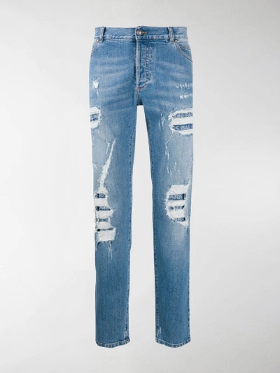 Shop Balmain Distressed Straight-leg Jeans In Blue