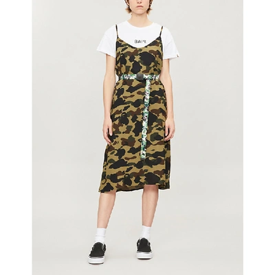 Shop Bape Camouflage-print Cotton And Crepe Layered Slip Dress In Green