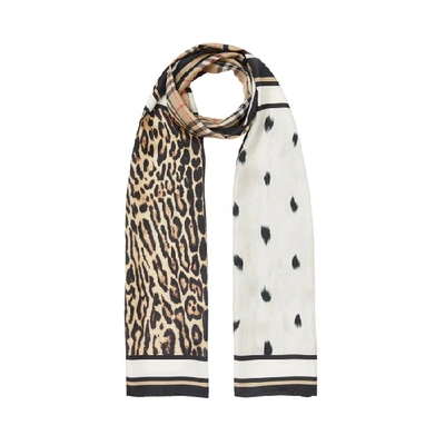 Shop Burberry Vintage Check And Animal Print Silk Scarf