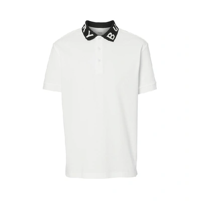 Shop Burberry Logo Intarsia Cotton Pique Polo Shirt In White