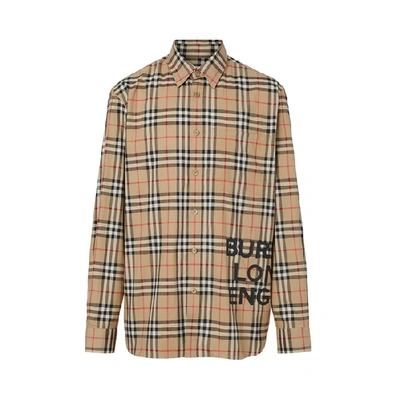 Shop Burberry Logo Print Check Cotton Oversized Shirt In Archive Beige Ip Chk