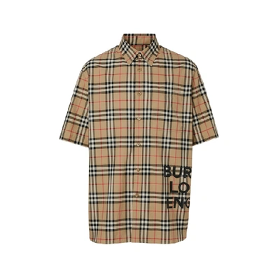 Shop Burberry Short-sleeve Vintage Check Cotton Oversized Shirt In Archive Beige Ip Chk