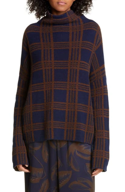 Shop Vince Tartan Plaid Funnel Neck Wool & Cashmere Sweater In Marine/ Umbra