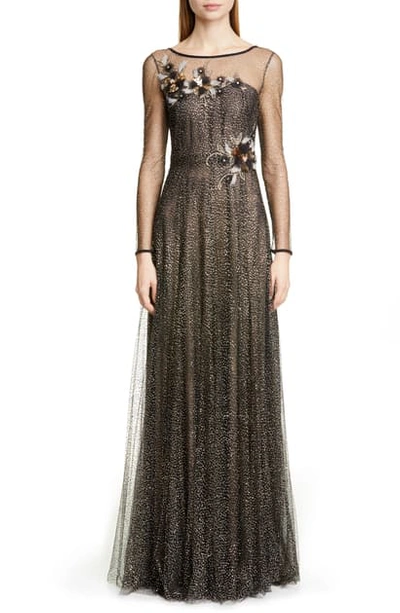 Shop Marchesa Notte Long Sleeve Shimmer Tulle Gown In Black