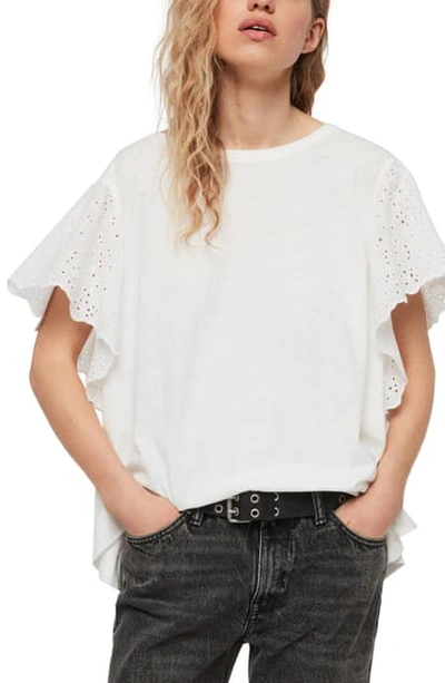 Shop Allsaints Noja Eyelet Flounce Sleeve Cotton & Linen Tee In Chalk White