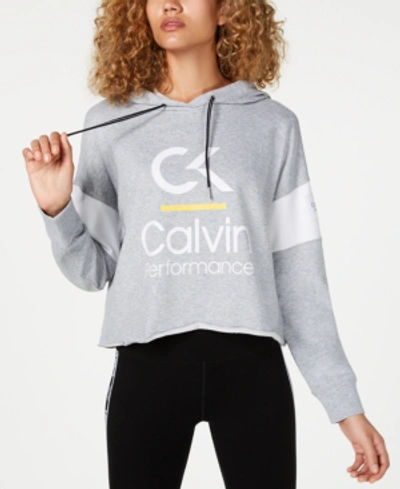 Shop Calvin Klein Performance Colorblocked Cropped Hoodie In Pearl Grey Heather