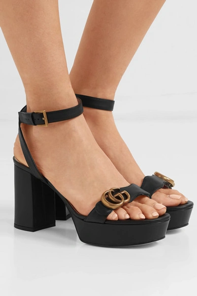 Shop Gucci Marmont Logo-embellished Leather Platform Sandals In Black
