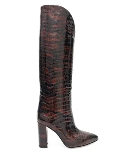 Shop Paris Texas Knee-high Croc-embossed Leather Boots In Brown