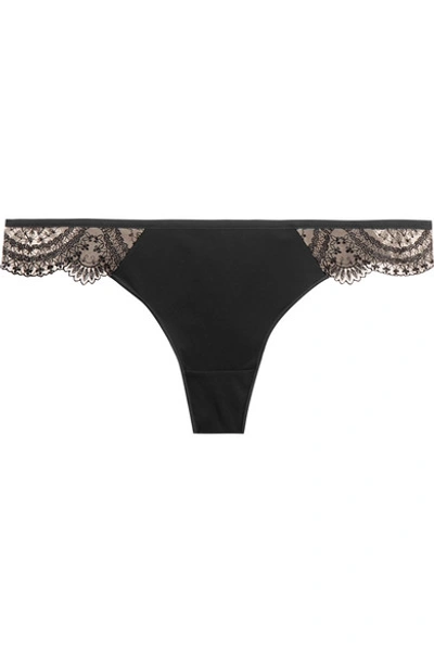 Shop Maison Lejaby Tattoo Embroidered Stretch-satin Thong In Black