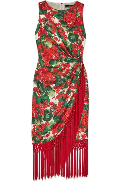 Shop Dolce & Gabbana Tasseled Floral-print Silk-blend Faille Dress In Red