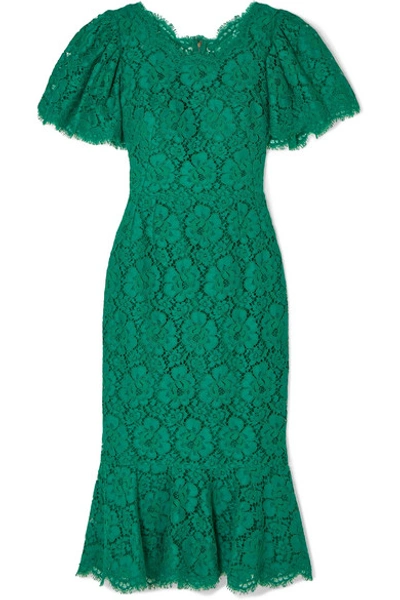 Shop Dolce & Gabbana Ruffled Corded Lace Midi Dress In Green