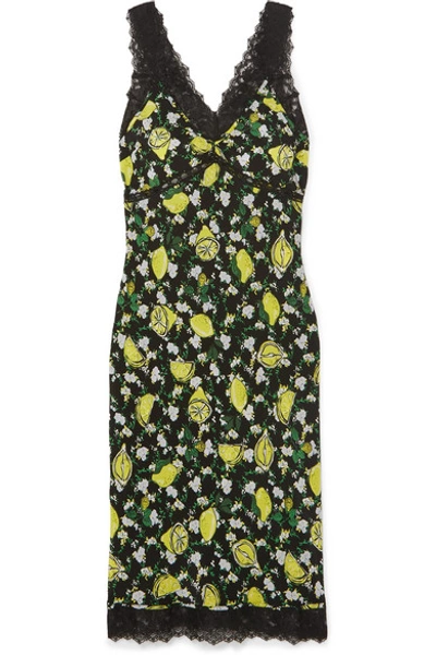 Shop Diane Von Furstenberg Issey Lace-trimmed Printed Silk Crepe De Chine Midi Dress In Green