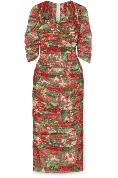 Shop Dolce & Gabbana Ruched Floral-print Cotton-tulle Midi Dress In Red