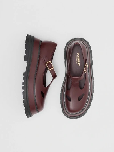 Shop Burberry Leather T-bar Shoes In Bordeaux