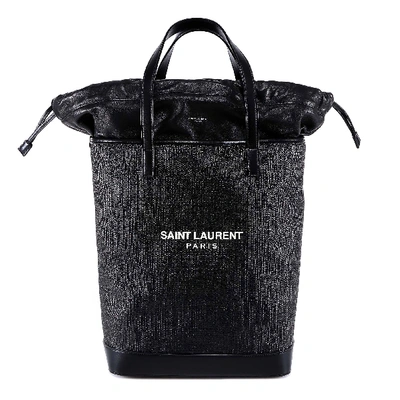 Shop Saint Laurent Teddy Raffia Tote Bag In Black