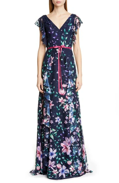 Shop Marchesa Notte Floral Jacquard Chiffon Gown In Navy