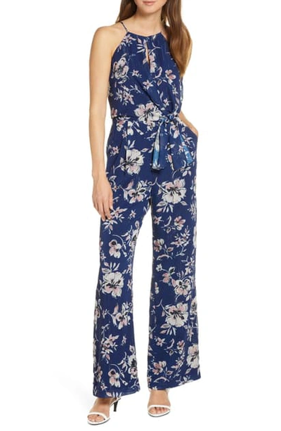 Shop Adelyn Rae Floral Print Wide Leg Jumpsuit In Navy Multi