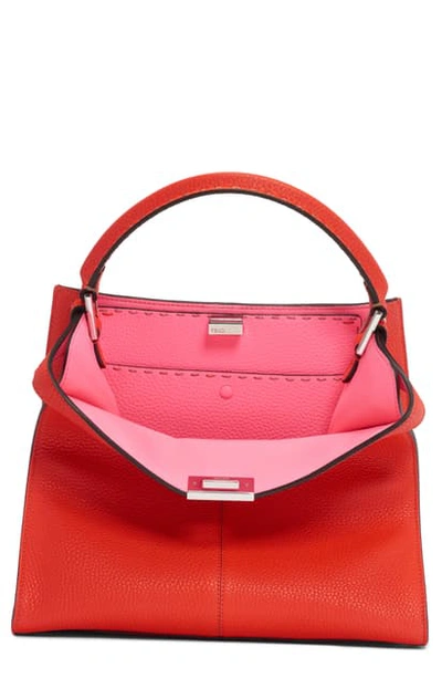 Shop Fendi Peekaboo X-lite Calfskin Leather Satchel - Red In Red/ Rosa Fluorecent